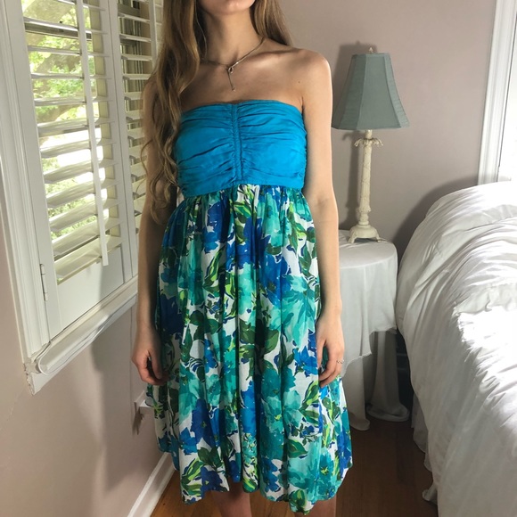 Zara Silk Lined Floral Blue Green Halter Dress Church or Office Attire - Picture 6 of 6